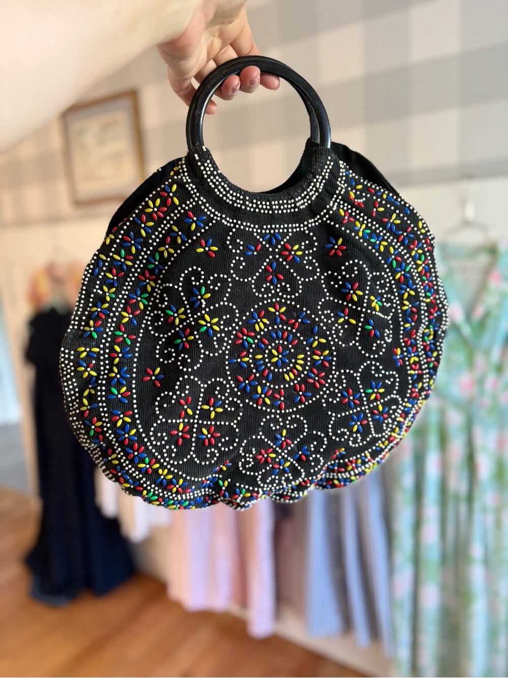 70’s Vintage Black Beaded Round Shoulder Bag with Multicolor Embellishments
